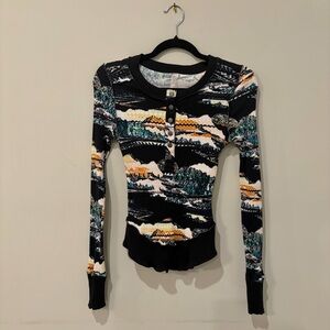 FP Movement by Free People Black Multi Ribbed Henley Long Sleeve Top